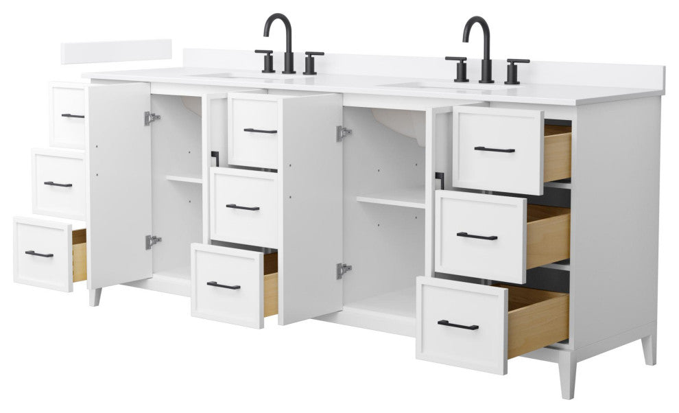Elan 84" Double Vanity, White, White Quartz Top, 3-Hole, Black Trim
