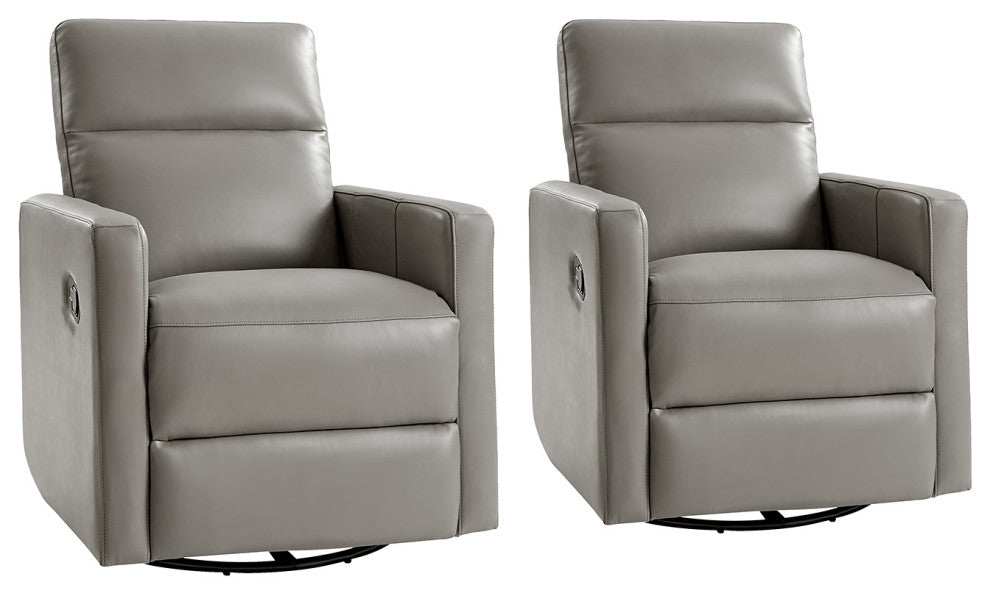 Genuine Leather Swivel Rocker Recliner Set of 2 With Adjustable Headrest, Gray
