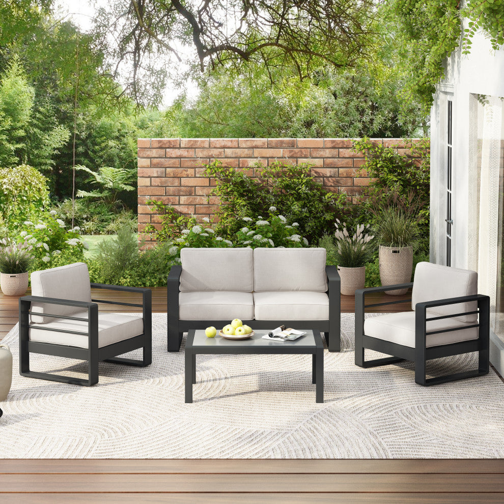 Gadd Aluminum 4-Piece Outdoor Chat Set With Cushions, Black/Beige