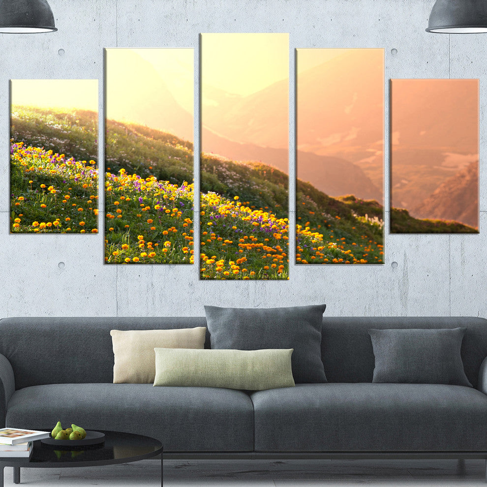Flowering Mountain Meadow View, Landscape Canvas Art, 60"x32", 5 Panels