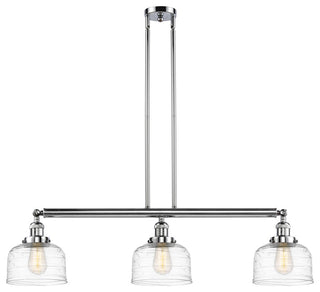 Large Bell 3 Light Island Light, Polished Chrome, Clear Deco Swirl