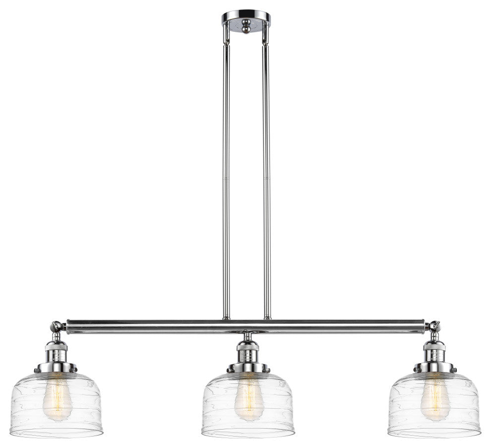 Large Bell 3 Light Island Light, Polished Chrome, Clear Deco Swirl
