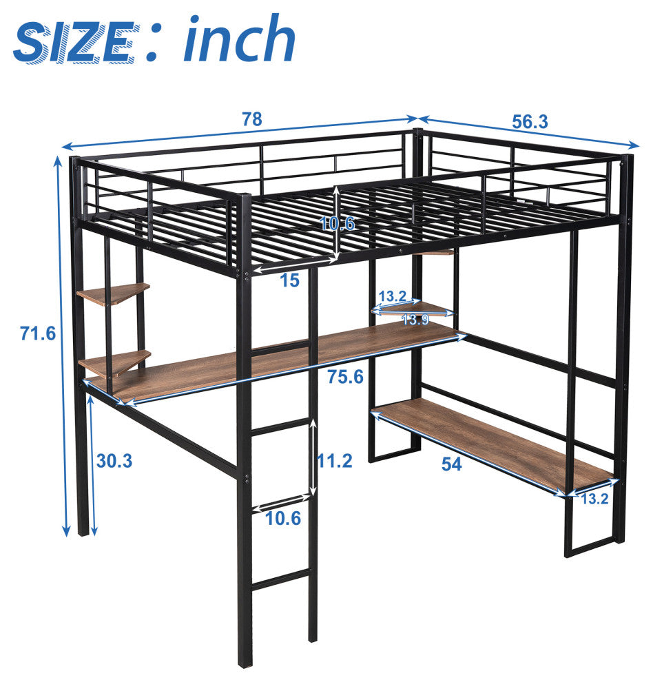 Gewnee Full Size Loft Metal&MDF Bed with Long Desk and Shelves in Black
