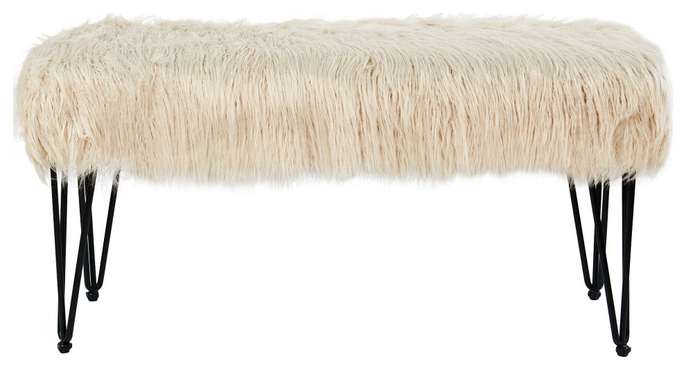 Mongolian Fur Ottoman, Oatmeal, 46"x16"x22"