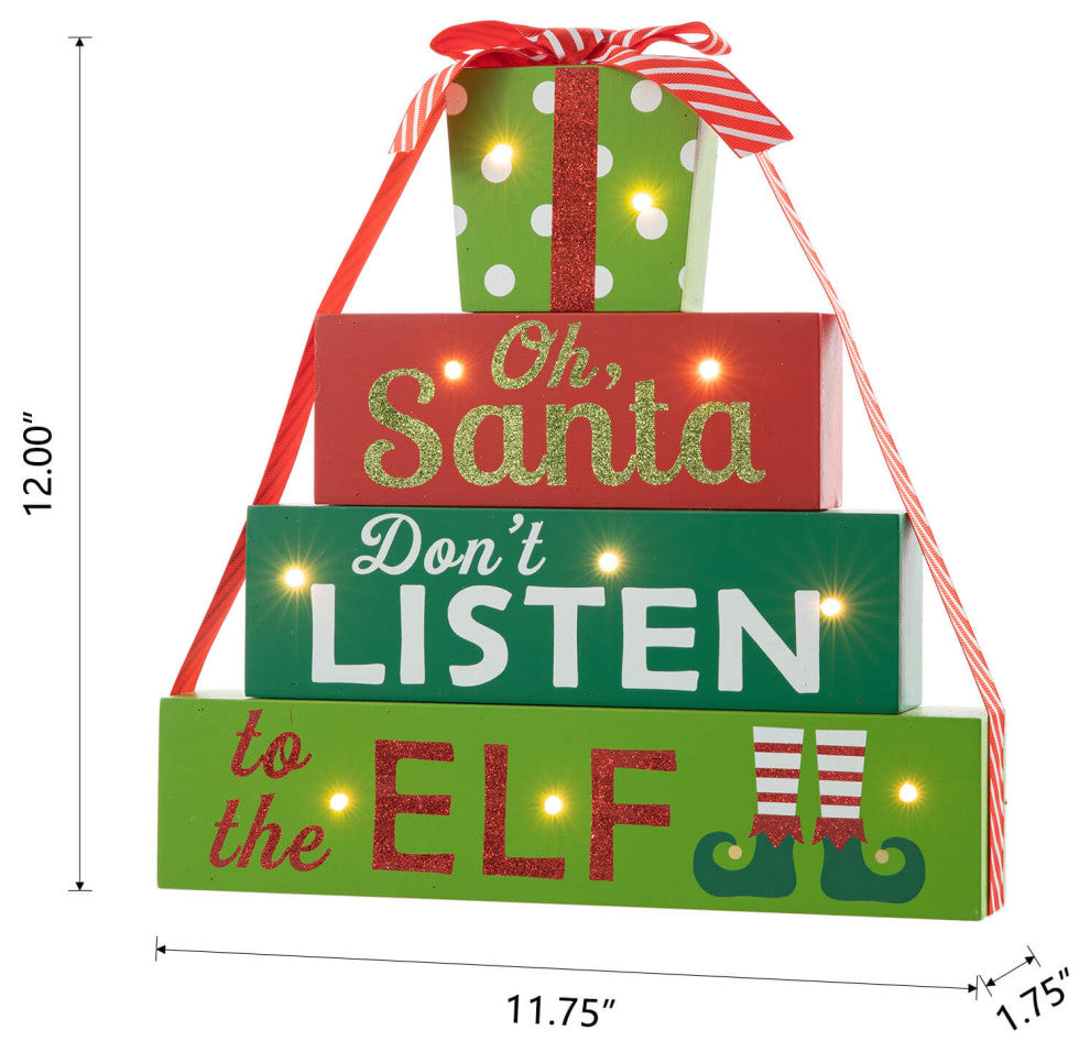 12"H Lighted Wooden Christmas Block Table Decor, Gift Box