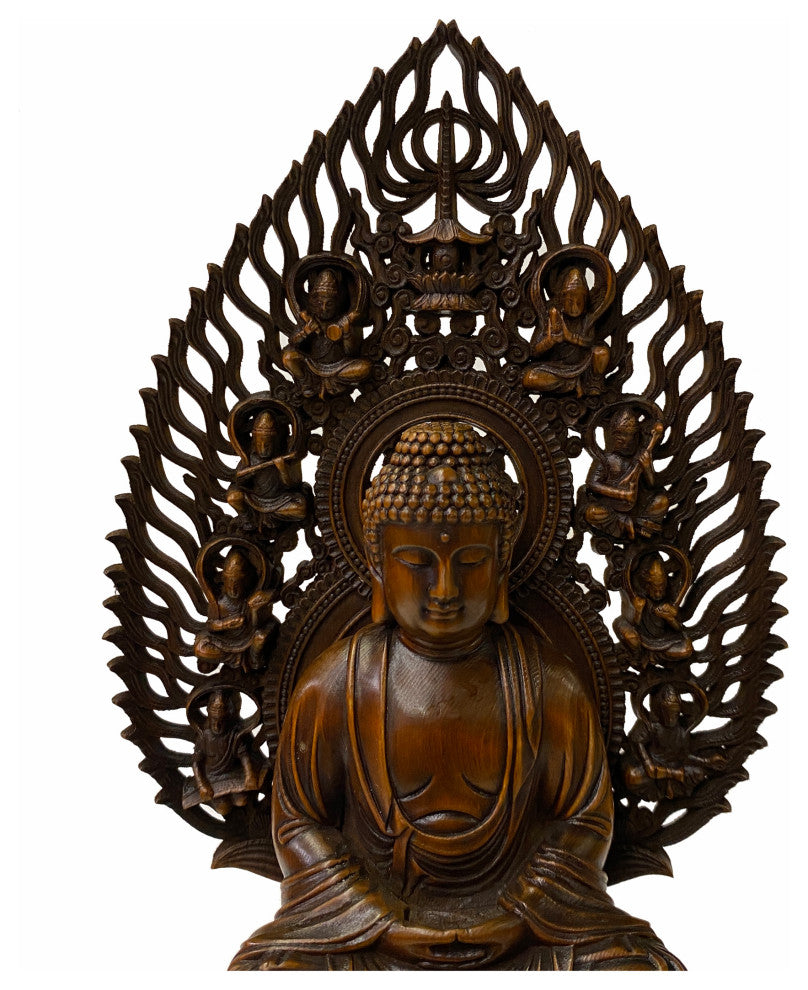 Chinese Brown Sitting Buddha Gautama Amitabha Shakyamuni Wood Statue Hws1762