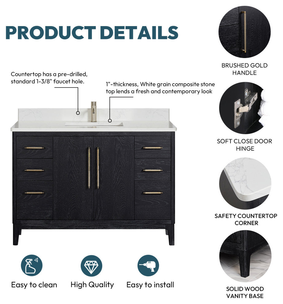 Gara Bath Vanity, Stone Top, Fir Wood Black, 48", Single Vanity, With Mirror