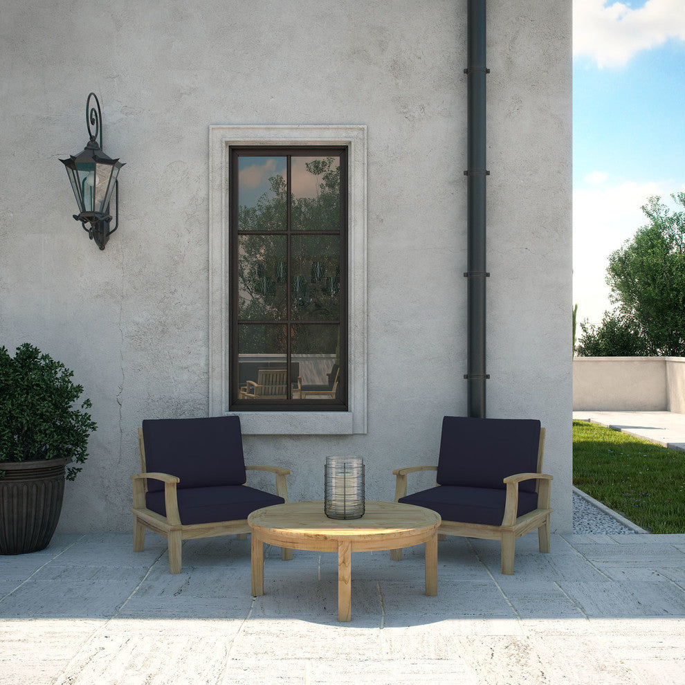 Modern Contemporary Outdoor Patio 3-Piece SetSofa Set Natural Wood Navy