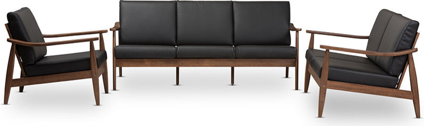 Venza Mid-Century Modern Walnut Wood Black Faux Leather 3-Piece Livingroom Set