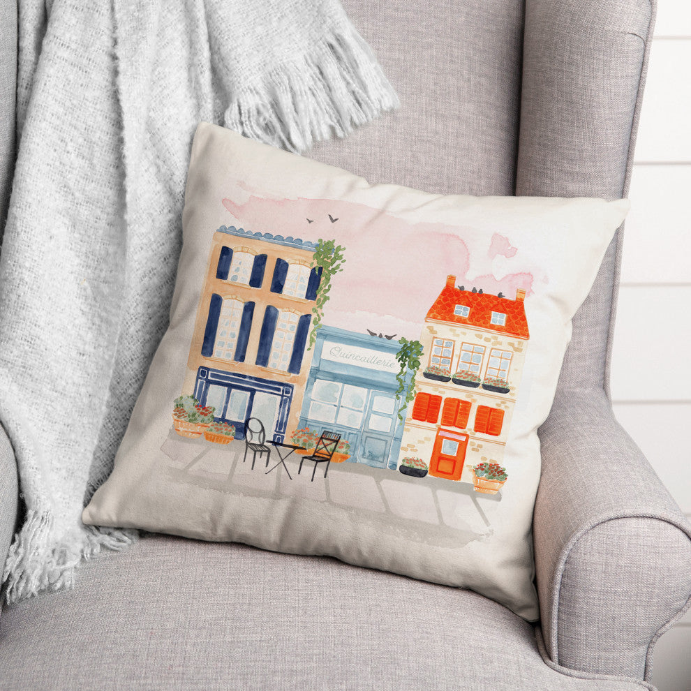 Watercolor French Shops 18x18 Spun Poly Pillow