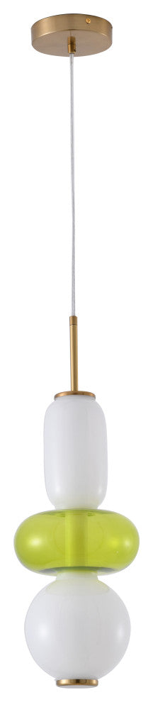 Gold Metal LED Pendant With White And Green Glass
