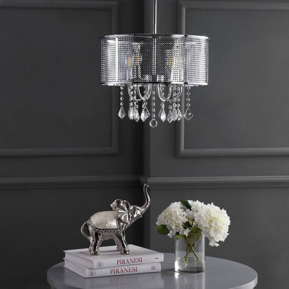Avah Metal and Crystal Adjustable LED Drop Pendant, Chrome, 17