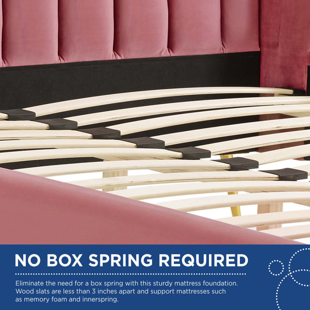 Platform Bed Frame, Queen Size, Velvet, Pink, Modern Contemporary, Bedroom