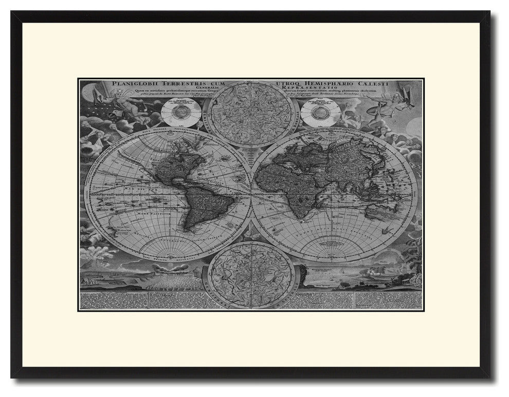 World Vintage Map Print On Canvas With Black Custom Frame, 16" X 21"