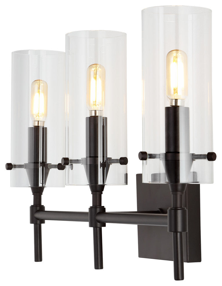 Cato 21.25" 3-Light Modern Farmhouse Iron/Glass Vanity, Oil Rubbed Bronze/Clear