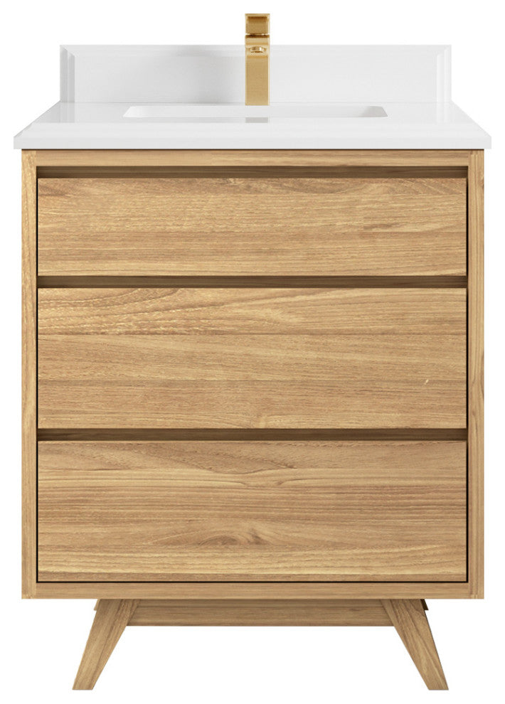 Madison Teak 30 Single Sink Bath Vanity in Light Natural 1.5" White Quartz