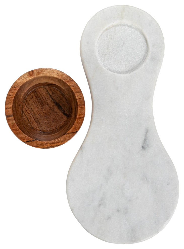 Marble Serving Board With Mango Wood Bowl, White and Natural