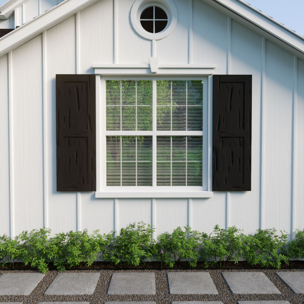 Rustic Two Equal Panel Flat Panel Pecky Cypress Faux Wood Shutters (Per Pair)