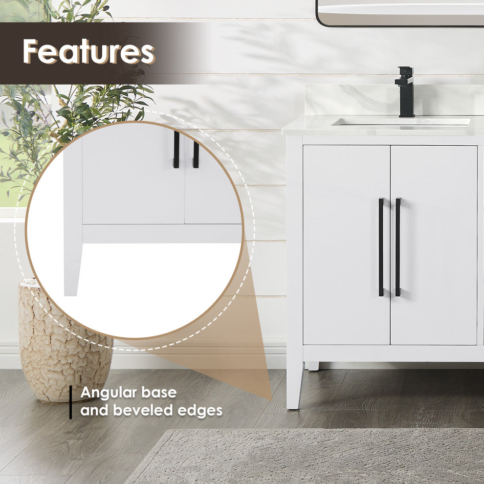 Laurel Bathroom Vanity with Calacatta White Quartz Stone Countertop, White, 60", Without Mirror