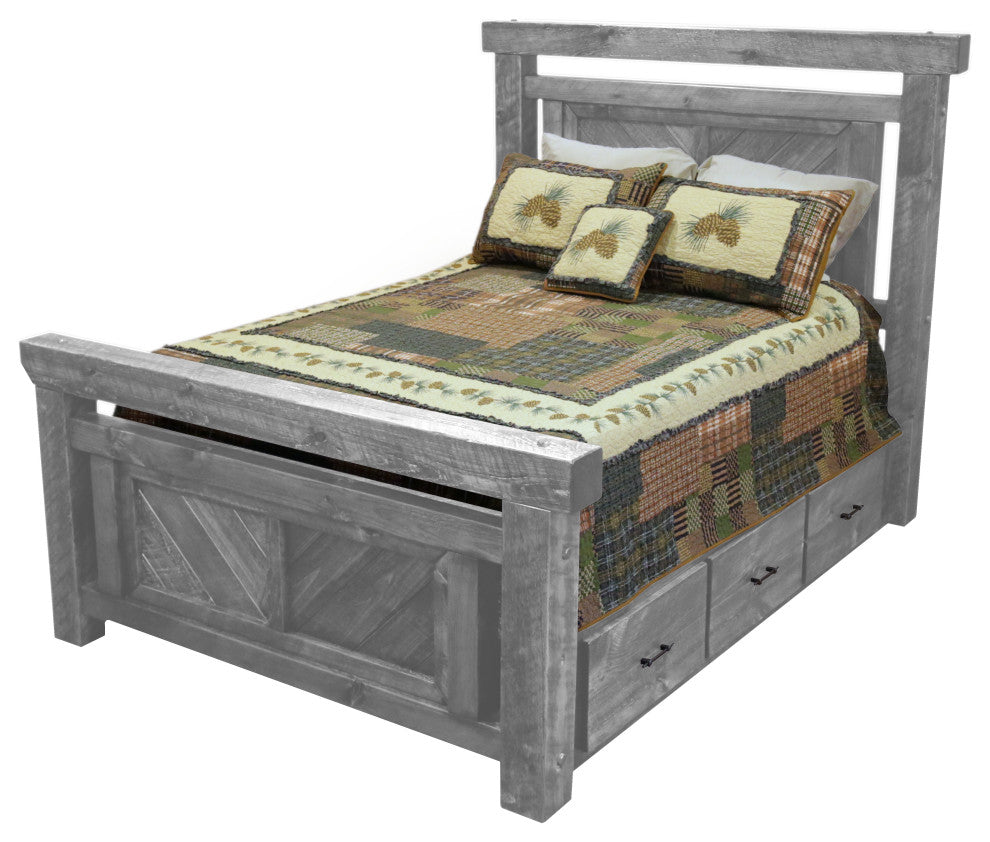 Barnwood Style Timber Peg Panel Platform Bed with Footboard, Thunder White, Queen