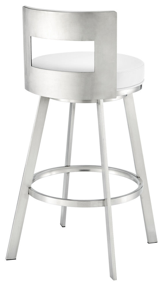 Lynof Swivel Bar Stool With Faux Leather, White, Brushed Stainless Steel
