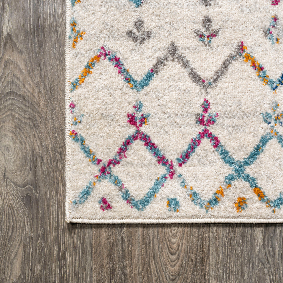 Moroccan HYPE Boho Vintage Diamond Runner Rug, Ivory/Multi, 2 X 8