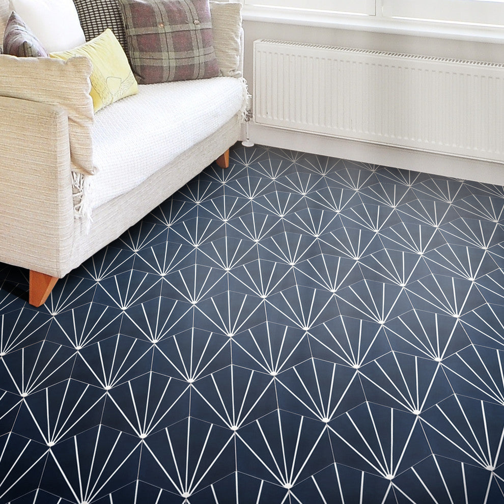 8"x9" Menara Handmade Cement Tiles, Set of 12, Navy Blue/White