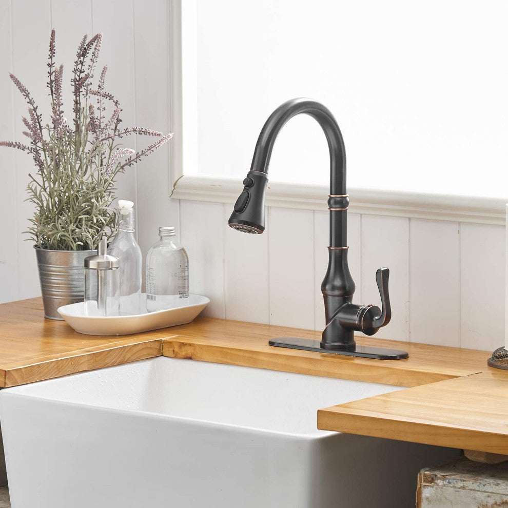 Wellfor Single Level Stainless Steel Kitchen Faucet With Pull Down Spray, Oil Rubbed Bronze