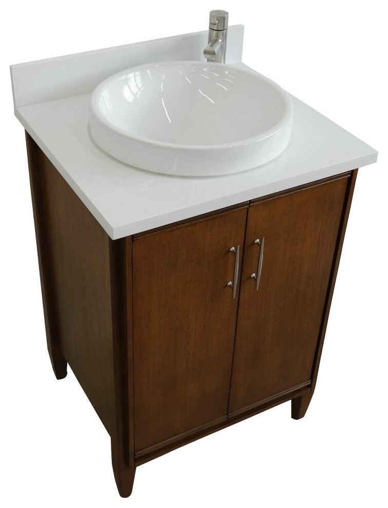 25" Single Sink Vanity, Walnut Finish, White Engineered Stone Top and Round Sink