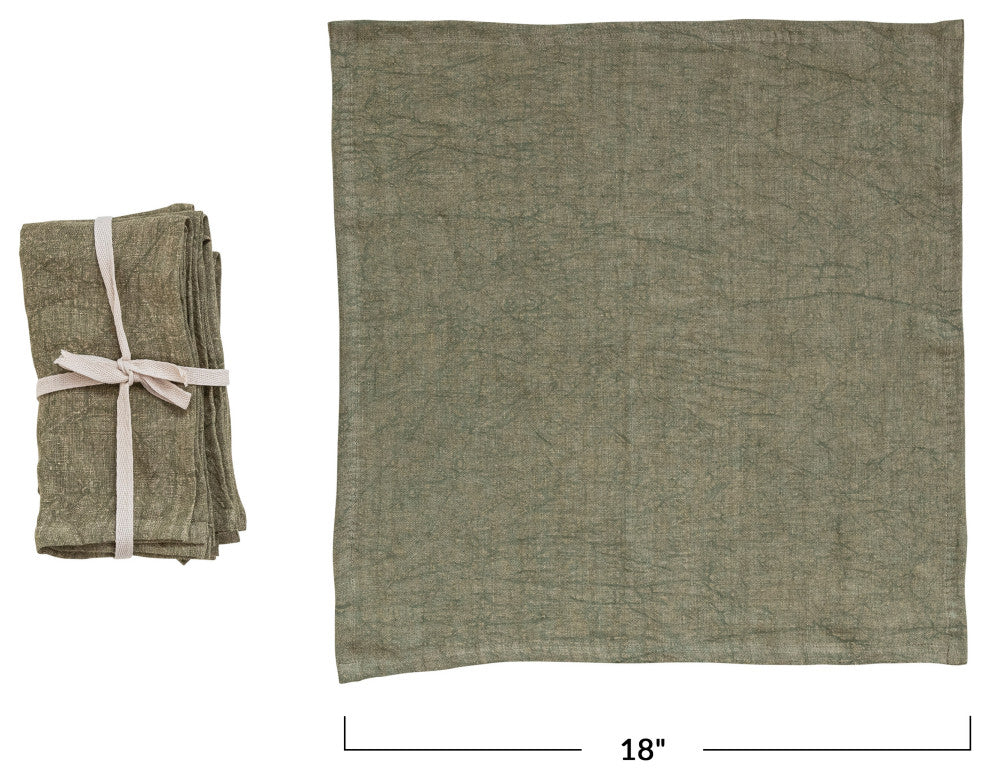 18" Square Stonewashed Linen Dinner Napkins, Olive, Set of 4, Olive