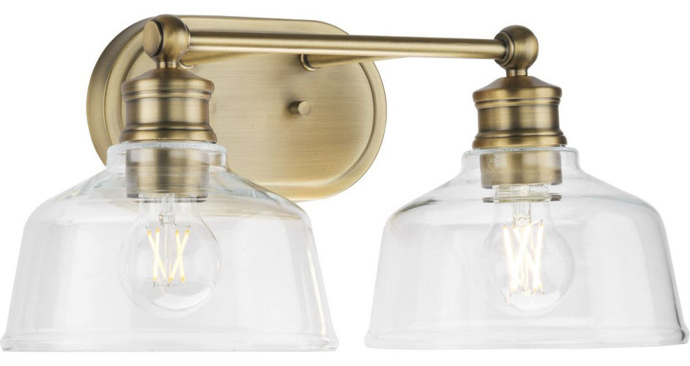 Singleton 2-Light 17" Vintage Brass Farmhouse Vanity Light, Clear Glass Shades