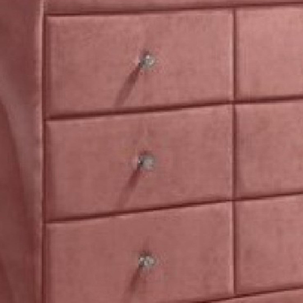 Benzara BM275662 Modern Side Dresser, 6 Drawers, Round Metal Knobs, Velvet, Pink