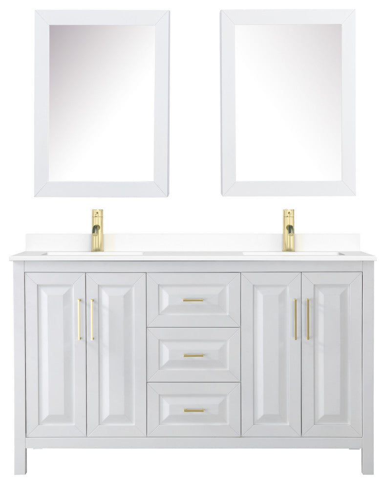60"DBL Vanity White, White Cult. Marble Top, Sinks, Med. Cabinets, Gold Trim