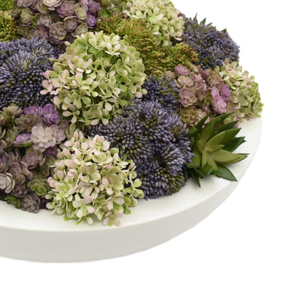 Creative Displays Arrangement, Sedum and Hydrangea, Glossy White Round Planter