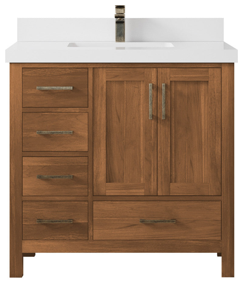 Malibu Teak 36 Center Sink Bath Vanity in Golden Teak 2" White Quartz