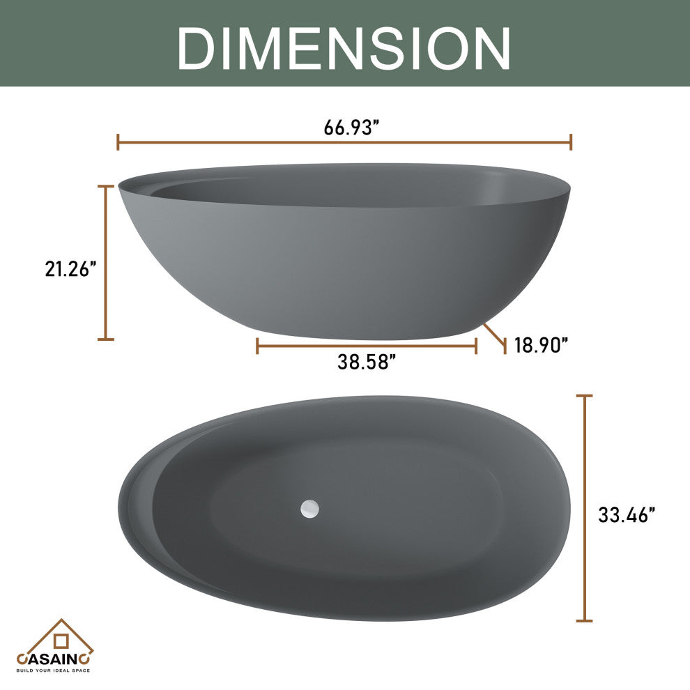67in Solid Surface Freestanding Bathtub in Matte White, Matte Grey