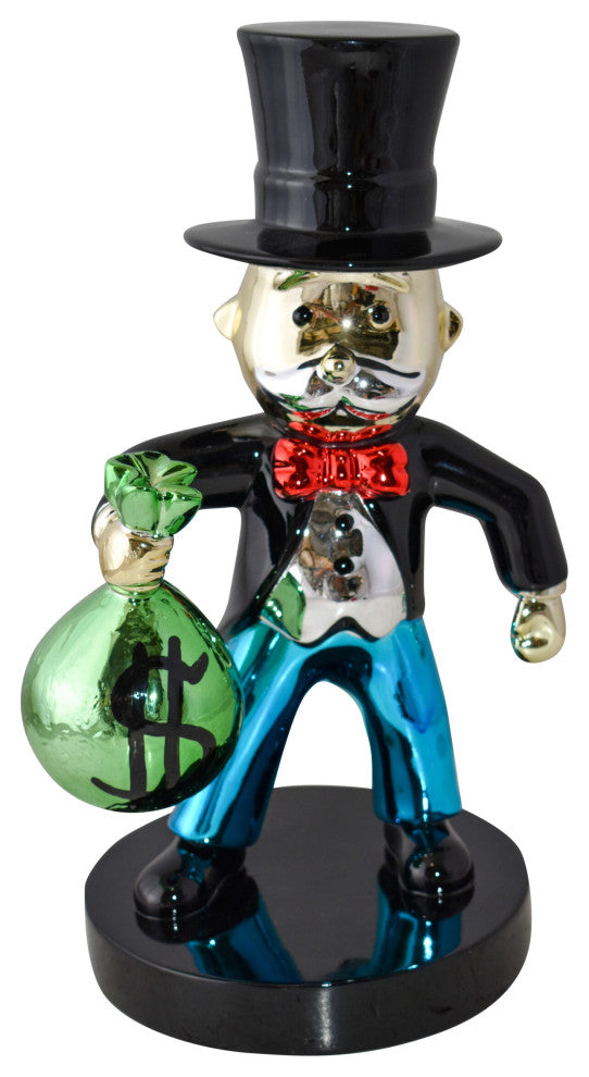 Frowning Monopoly Man Holding Money Bag Resin Statue Small Size: 7" x 8" x 15"