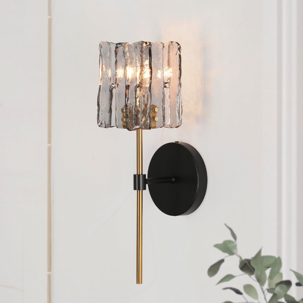 LNC Tucana Polished Gold and Matte Black Modern Wall Sconce, Textured Glass, 1 Light