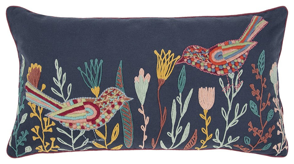 Blue Botanical and Bird Embroidered Lumbar Pillow