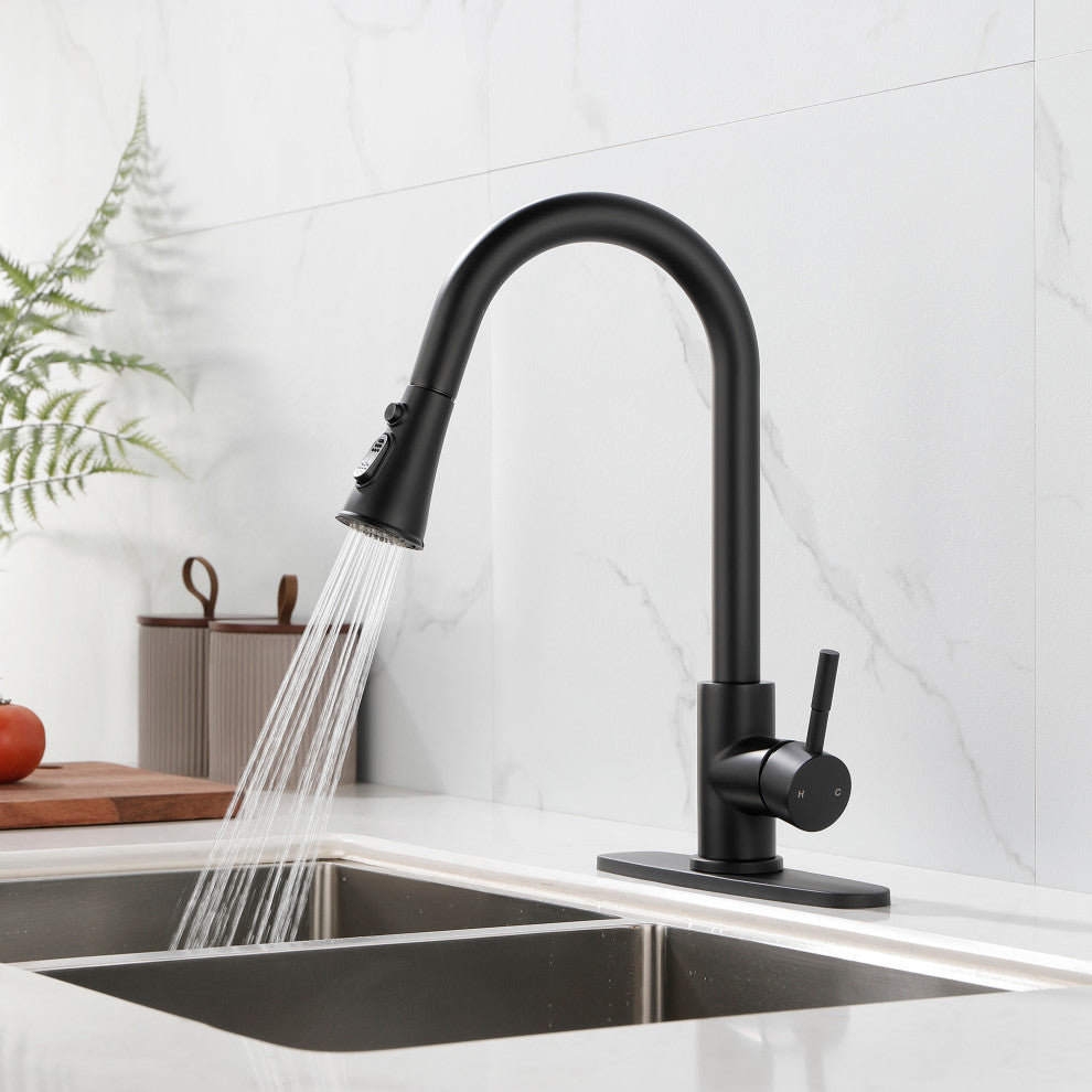 Wellfor Stainless Steel Kitchen Sink Faucet with Pull Down Spray, Matte Black