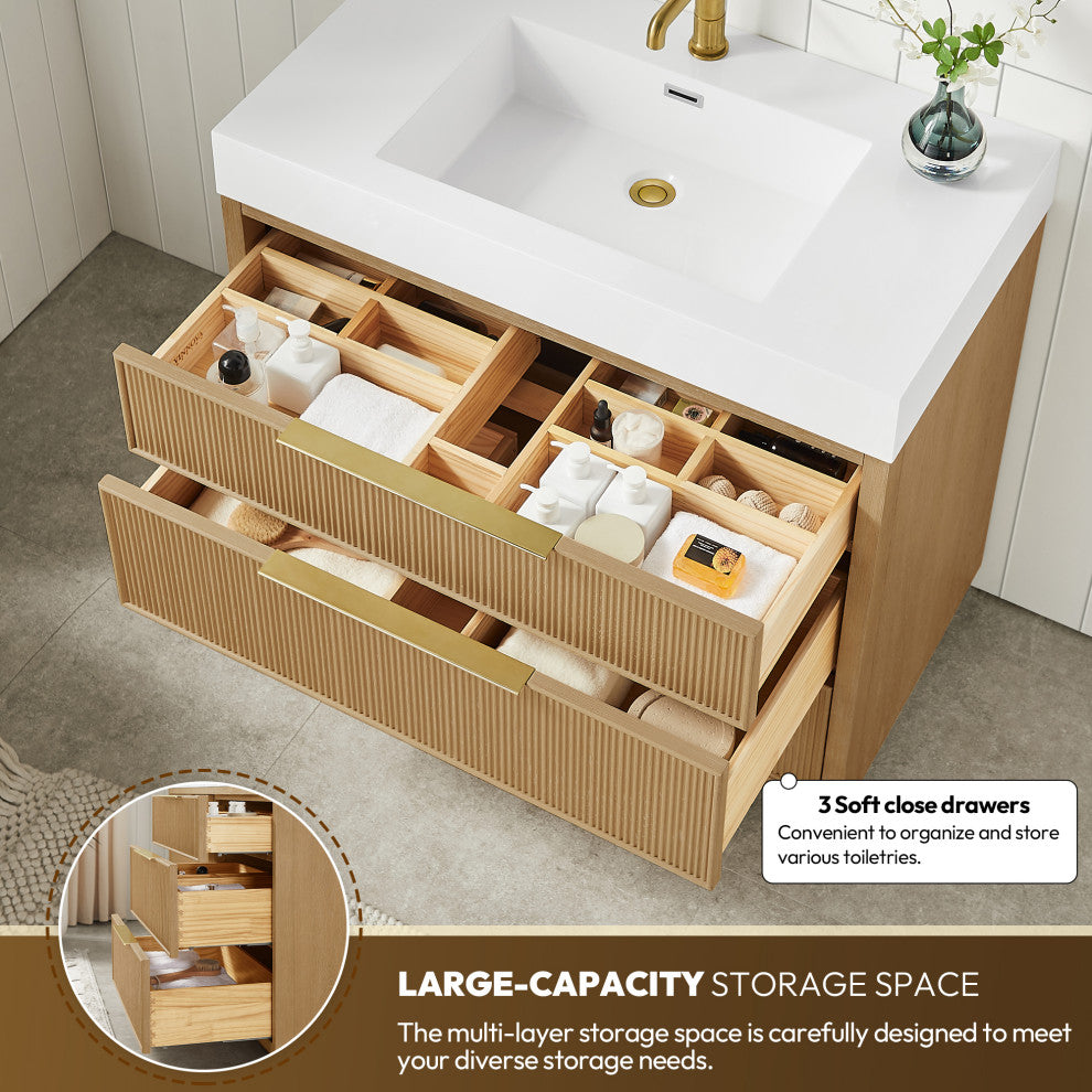 Hohhot Bath Vanity, Stone Sink Top No Mirror, Washed Ash Gray, 36", Single Vanity