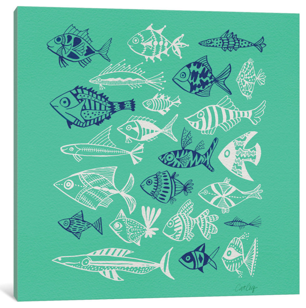 "Fish Inkings Green Navy White Artprint" by Cat Coquillette, 18x18x1.5