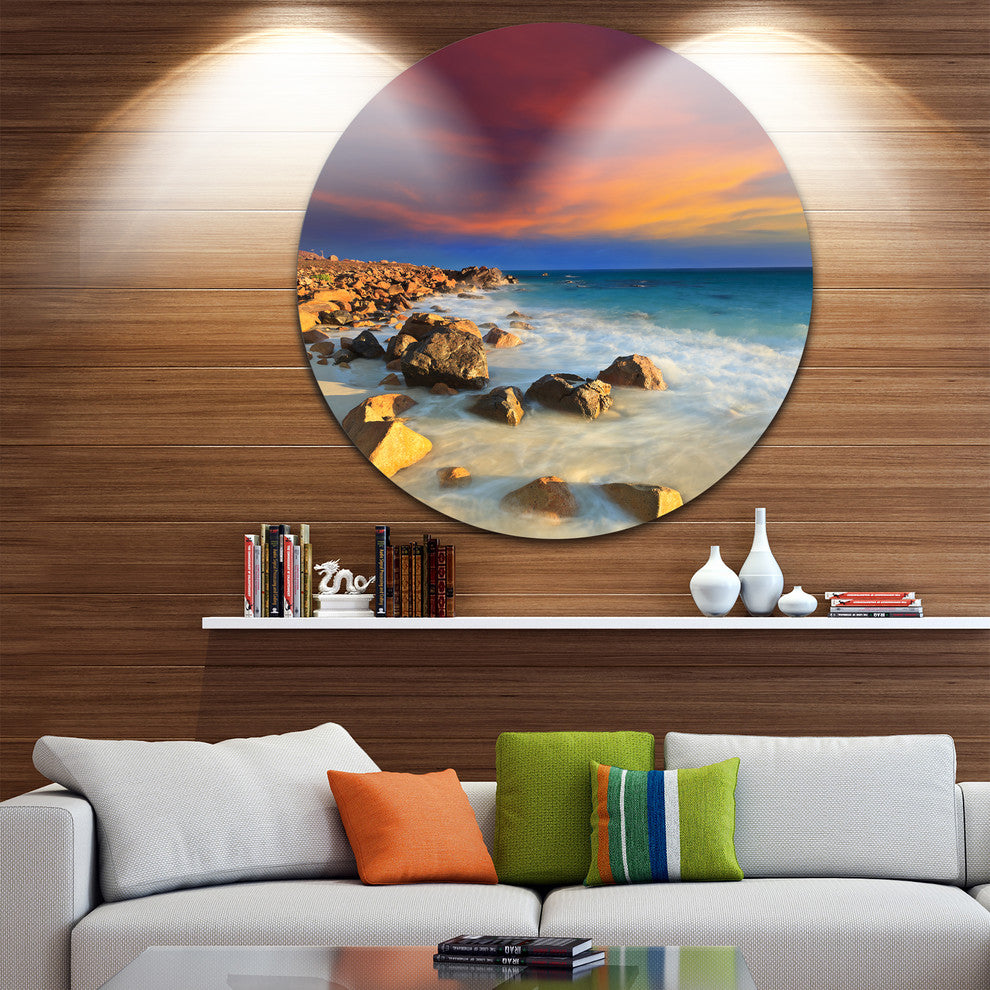 Beach With Stones On Foreground, Seascape Disc Metal Wall Art, 23"