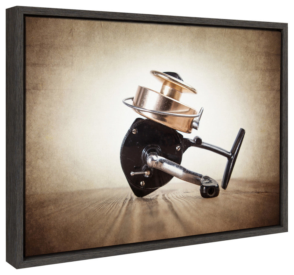 Sylvie Vintage FIshing Reel Framed Canvas by Shawn St. Peter<br>, Gray 18x24