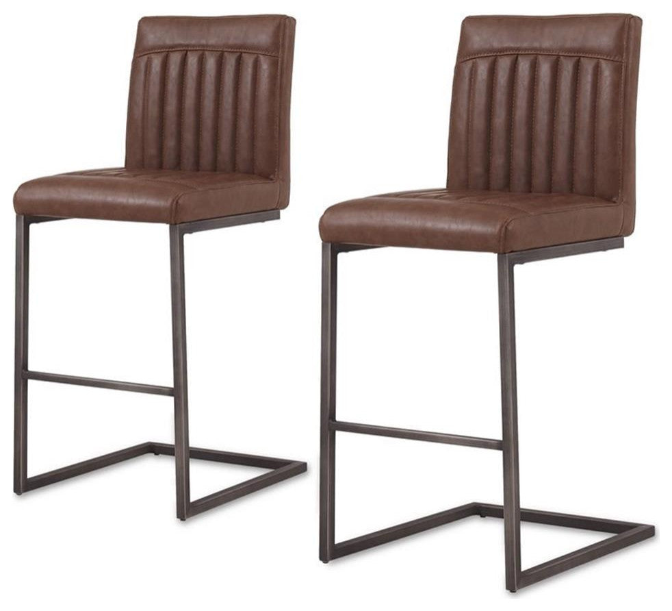 Pemberly Row 26" PU Leather Counter Stool in Brown (Set of 2)