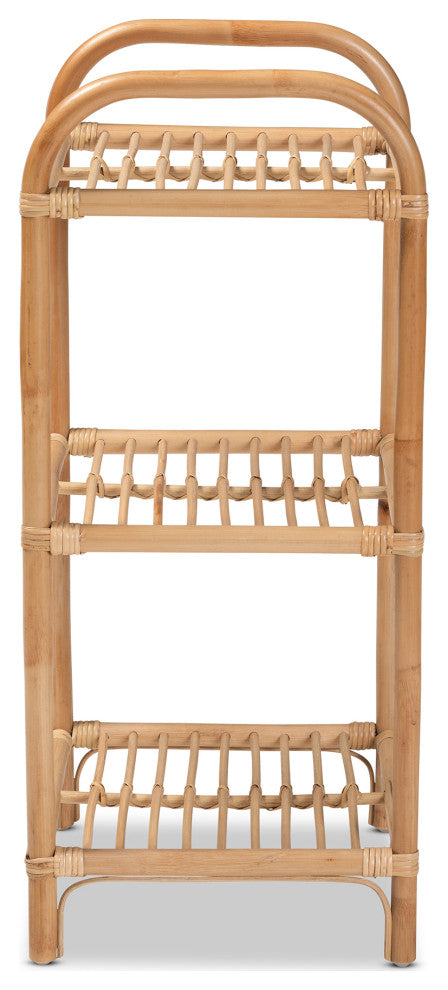 Hollis Modern Bohemian Natural Brown Finished Rattan 3-Tier Display Shelf