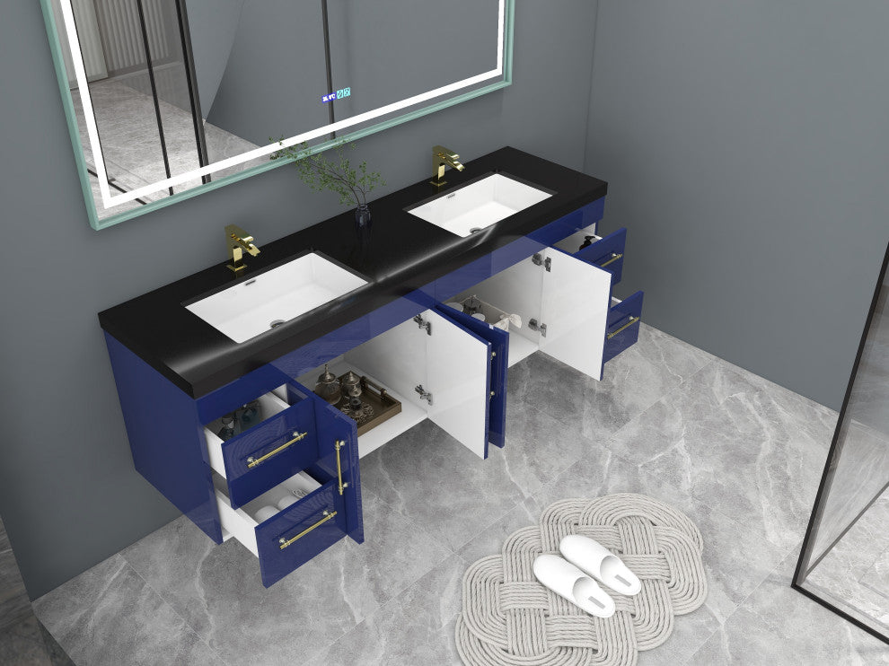 Rosa 72" Wall Mounted Modern Vanity, High Gloss Night Blue, Matt Black Top