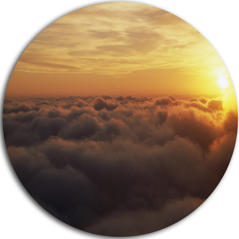 Yellow Sunrise Above Clouds, Large Disc Metal Wall Art Landscape, 23"