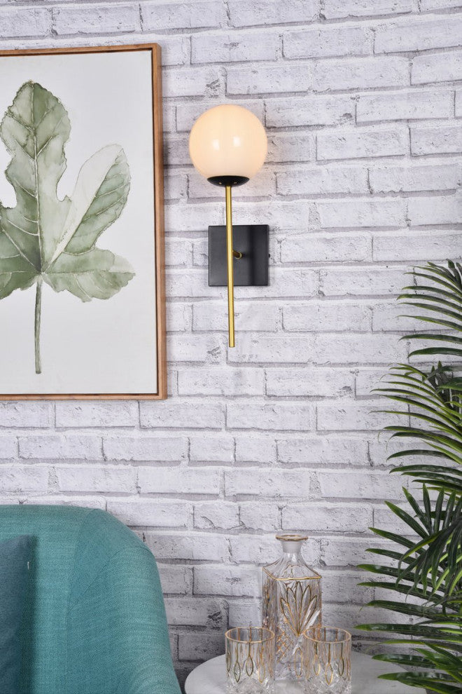 Noah 1-Light Black and Brass and White Glass Wall Sconce