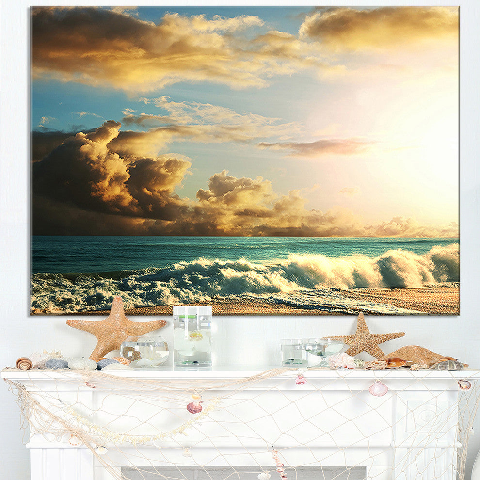 "Green Sea Beach Under Cloudy Sky" Modern Beach Canvas Art Print, 40"x30"